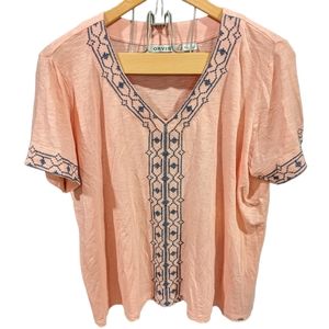 Orvis Embroidered V-Neck Short Sleeve Tunic Blouse Size XL